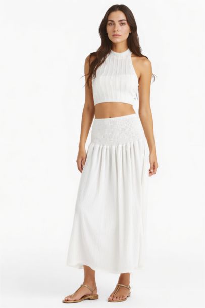 A Kesim Normal Bel Gipeli Bürümcük Beyaz Maxi Etek