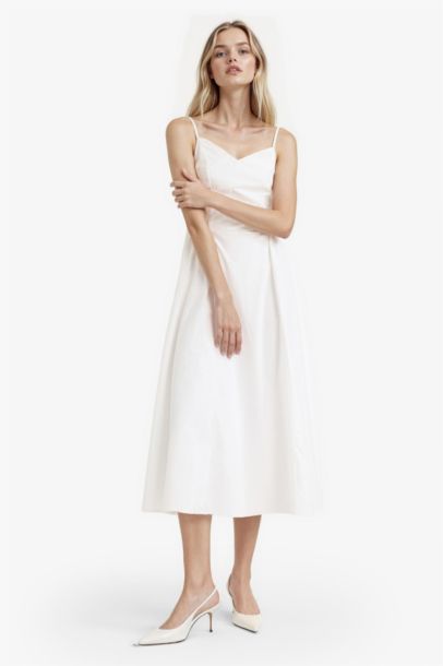 فستان ميدي بوبلين بياخة V بحمالات