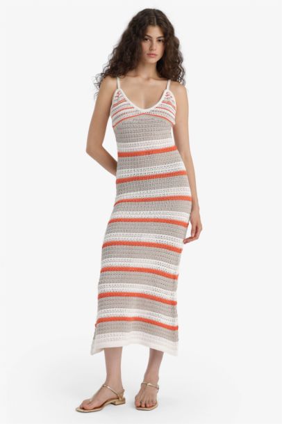 Slim Fit Patterned V Neck Crochet Sleeveless Knit Maxi Dress