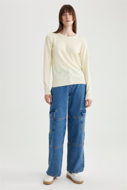 Regular Fit Bisiklet Yaka Yumuşak Dokulu Basic Düz Triko Kazak