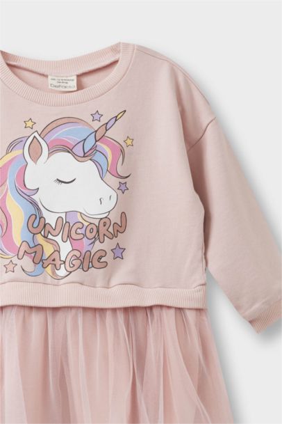 Robe en tulle imprimée licorne à manches longues pour bébé fille