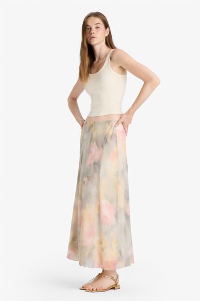 A-Line Floral Regular Waist Tulle Maxi Skirt