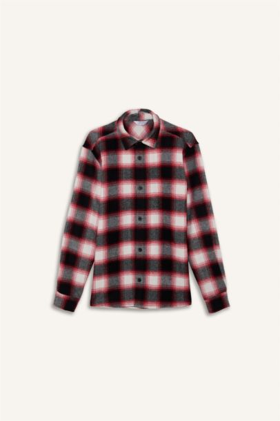 Regular Fit Polo Neck Flannel Plaid Long Sleeve Shirt