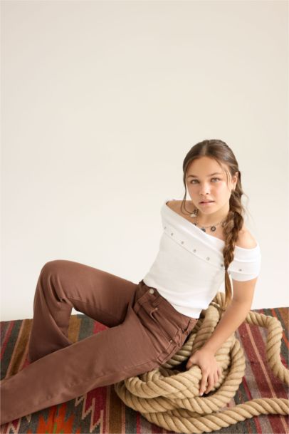 Girl Slim Fit Open Shoulder Printed Ribbed T-Shirt