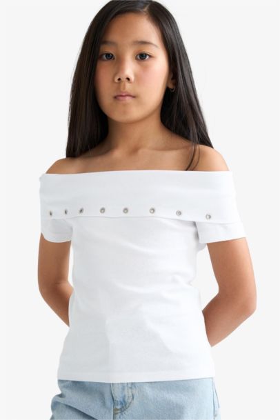 Girl Slim Fit Open Shoulder Printed Ribbed T-Shirt