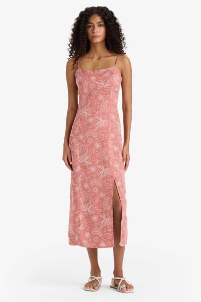 Square Collar Patterned Linen Blend Strappy Midi Dress