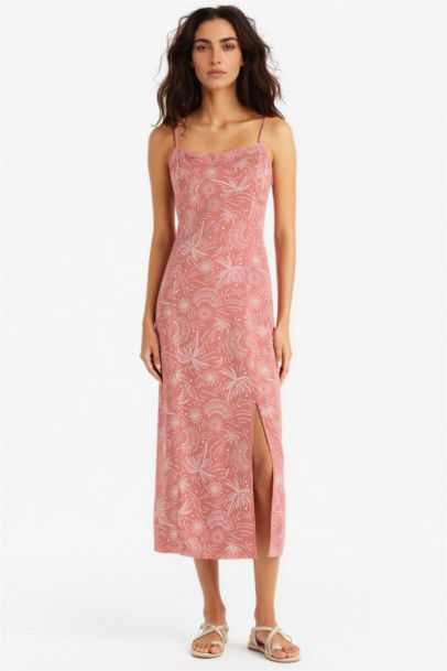 Платье миди на бретельках с разрезом на квадратном вырезе изо льна с узором