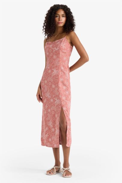 Square Collar Patterned Linen Blend Strappy Midi Dress