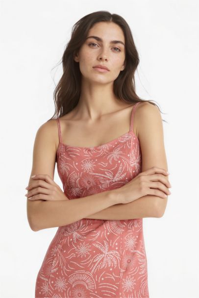 Платье миди на бретельках с разрезом на квадратном вырезе изо льна с узором