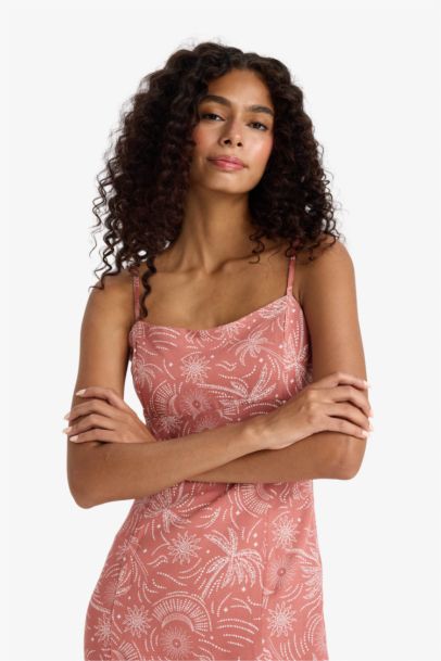 Square Collar Patterned Linen Blend Strappy Midi Dress