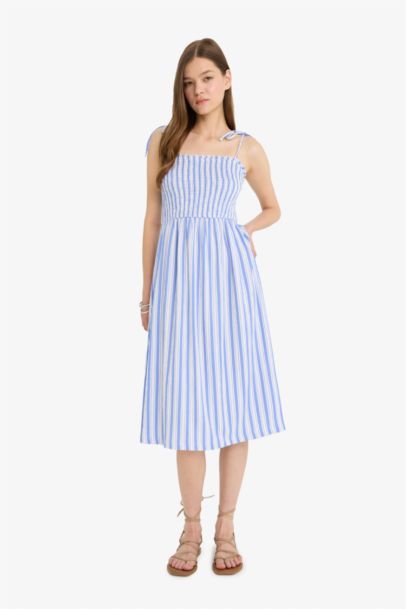 Çizgili Bürümcük Askılı Midi Elbise