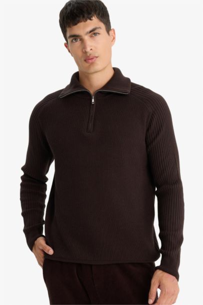Standard Fit Zippered Stand Collar Knit Pullover