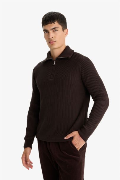 Standard Fit Zippered Stand Collar Knit Pullover