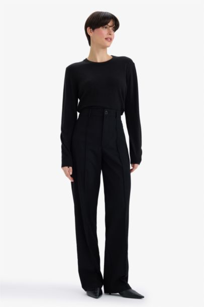 Straight Fit High Waist Twill Trousers