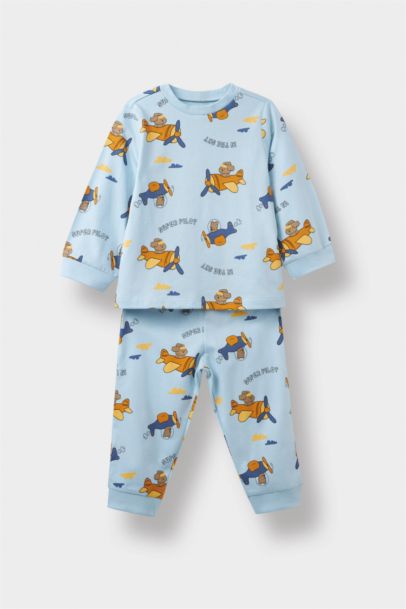 4'lü Pijama Takımı Uçak Baskılı Uzun Kollu Penye Üst Uzun Alt Erkek Bebek