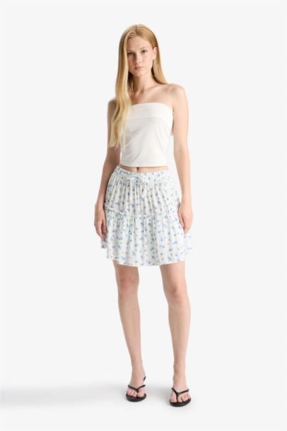 Çiçek Desenli Yüksek Bel Penye Astar Krinkıl Viskon Mini Etek