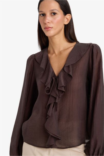 Блузка из жатой ткани Regular Fit с длинным рукавом и V-образным вырезом