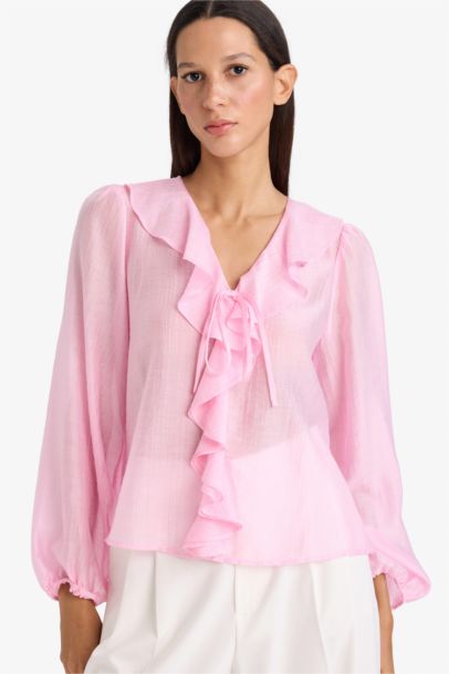 Блузка из жатой ткани Regular Fit с длинным рукавом и V-образным вырезом