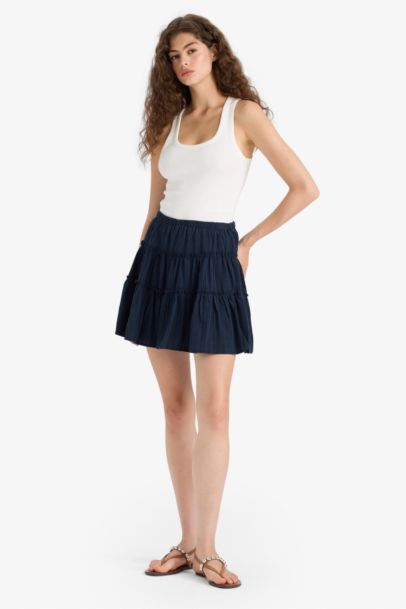 Yüksek Bel Penye Astar Keten Görünümlü Mini Etek