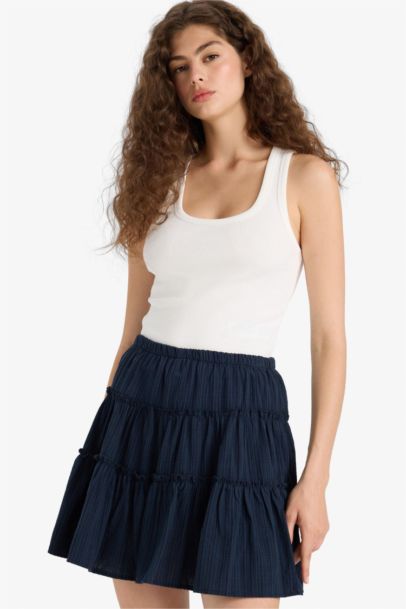 Yüksek Bel Penye Astar Keten Görünümlü Mini Etek