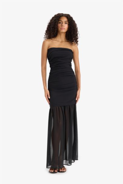 فستان ميدي اسود شيفون بدون حمالات