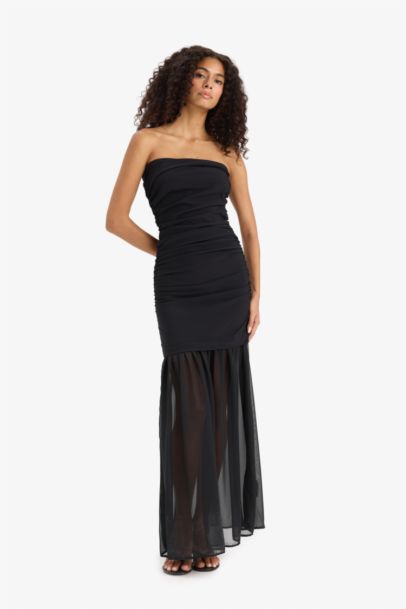 فستان ميدي اسود شيفون بدون حمالات