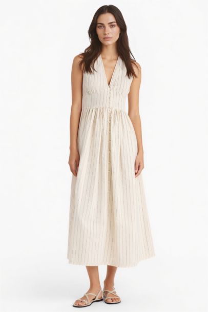 V Yaka Çizgili Poplin Kolsuz Midi Elbise