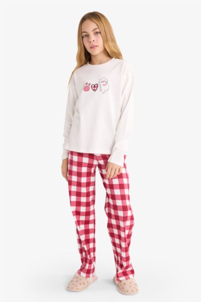 Pijama Takımı Baskılı Uzun Kollu Üst Kareli Uzun Alt Kız Çocuk