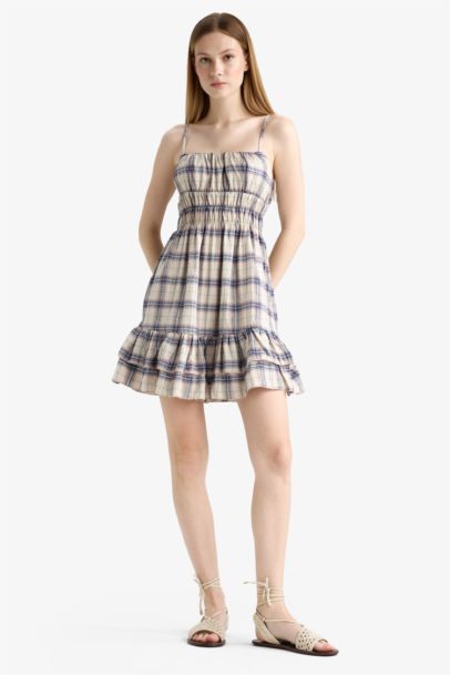 Kareli Askılı Mini Elbise