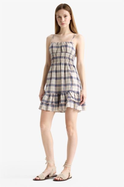 Kareli Askılı Mini Elbise