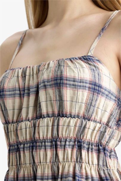 Kareli Askılı Mini Elbise