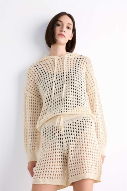 Kapüşonlu Kroşe Uzun Kollu Plaj Üstü