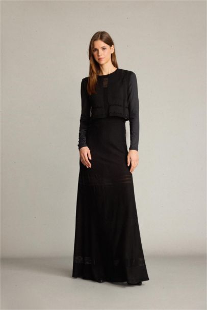 2'li Kroşe Triko Takım Bisiklet Yaka Kolsuz Bluz Beli Lastikli Maxi Etek