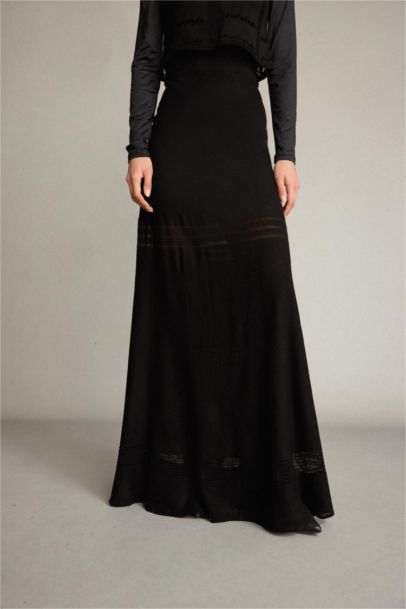 2'li Kroşe Triko Takım Bisiklet Yaka Kolsuz Bluz Beli Lastikli Maxi Etek