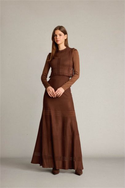 2'li Kroşe Triko Takım Bisiklet Yaka Kolsuz Bluz Beli Lastikli Maxi Etek