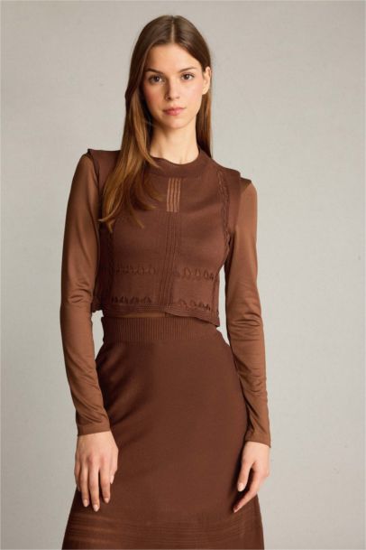 2'li Kroşe Triko Takım Bisiklet Yaka Kolsuz Bluz Beli Lastikli Maxi Etek