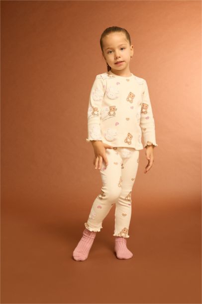Kız Bebek Pijama Takımı Ayı Baskılı Uzun Kollu Fitilli Kaşkorse Üst Uzun Alt