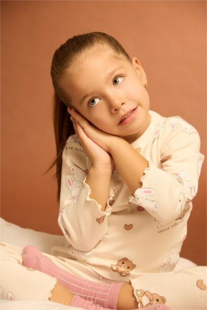 Kız Bebek Pijama Takımı Ayı Baskılı Uzun Kollu Fitilli Kaşkorse Üst Uzun Alt