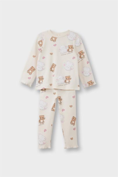 Kız Bebek Pijama Takımı Ayı Baskılı Uzun Kollu Fitilli Kaşkorse Üst Uzun Alt