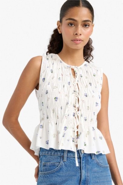 Fitted Crew Neck Floral Tie Front Poplin Sleeveless Blouse