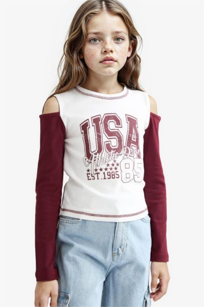 Girl Slim Fit Crew Neck Printed Ribbed T-Shirt