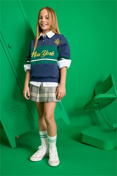 Relax Fit Polo Yaka Baskılı Okul Sweatshirt Kız Çocuk