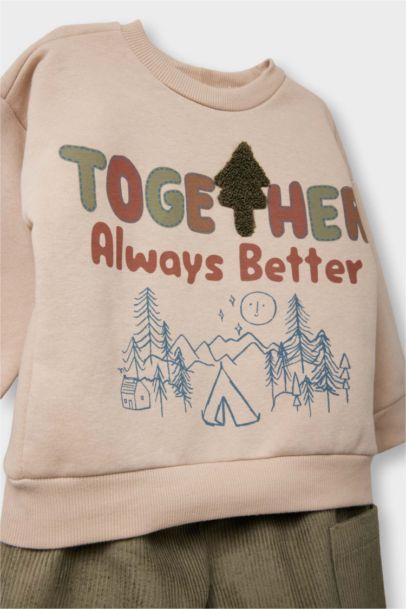 2'li Takım Kadife Baskılı Sweatshirt Pantolon Erkek Bebek