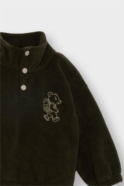 2'li Takım Nakışlı Polar Dik Yaka Düğmeli Sweatshirt Eşofman Altı Erkek Bebek