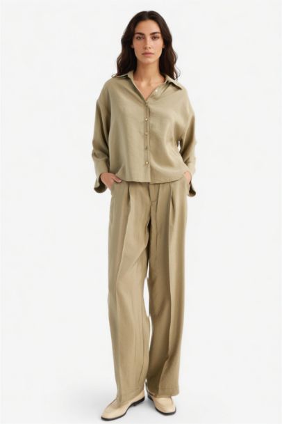 بنطلون مودال وايد ليج برجل واسع وخصر عالي