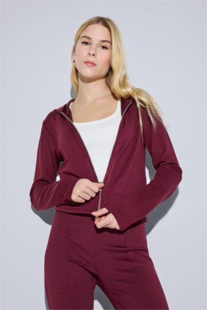 Slim Fit Dar Kesim Kapüşonlu Modal Fermuarlı Sweatshirt