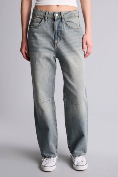 %100 Pamuk Barrel Fıt Yüksek Bel Jean Pantolon