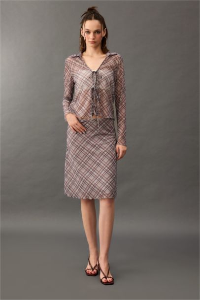 Blouse slim en tulle à carreaux Col chemise à noeuds