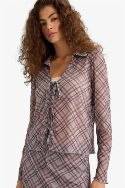 Blouse slim en tulle à carreaux Col chemise à noeuds