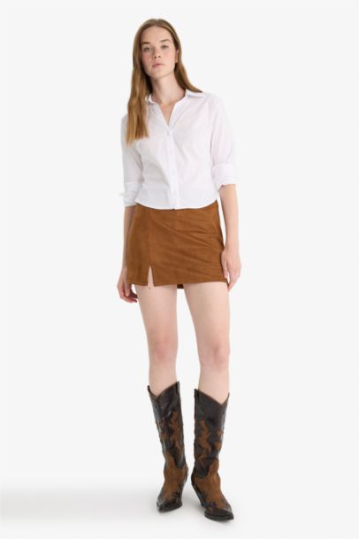 Yüksek Bel Süet Mini Etek